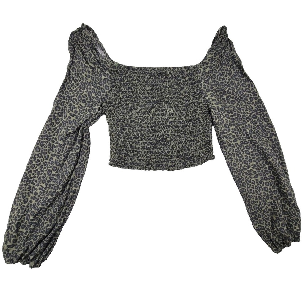 Aeropostale Crop Top Balloon Sleeve Stretch Square Neck Leopard Print Shirt L